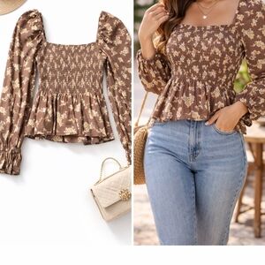 Floral Smocked Brown Top